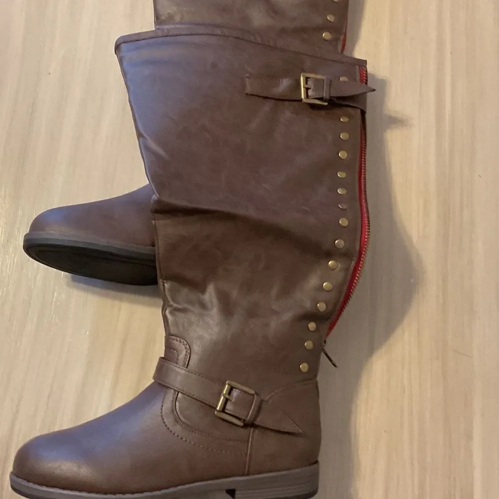 Journee Collection Brown Over the Knee Boots with Buckle and Studs